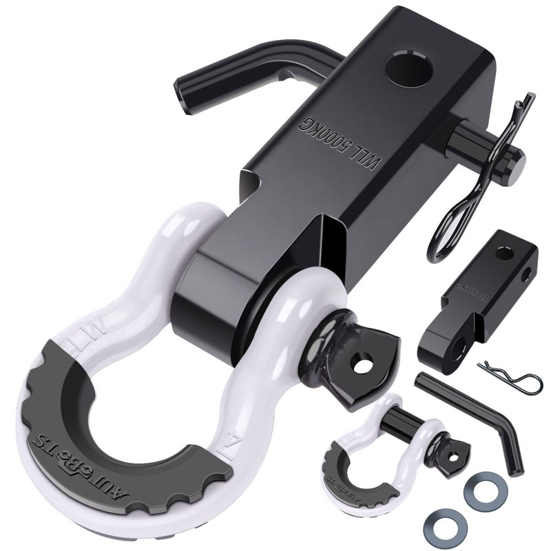 AUTOBOTS Shackle Hitch Receiver 2", 45,000 Lbs Break Strength Heavy Duty Receiver with 5/8" Screw Pin, 3/4" D Ring Shackles, Towing Accessories for Vehicle Recovery Off-Road, White&Black - Image 1